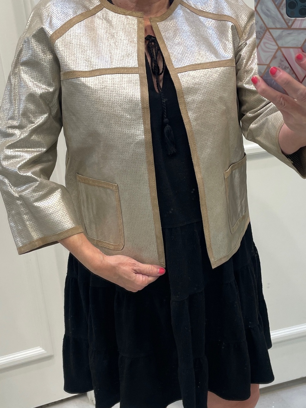 Chico’s Leather Jacket Gold & Tan Perforated Lightweight SZ 1
